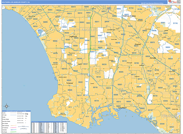 Southern Los Angeles County Metro Area Wall Map Basic Style